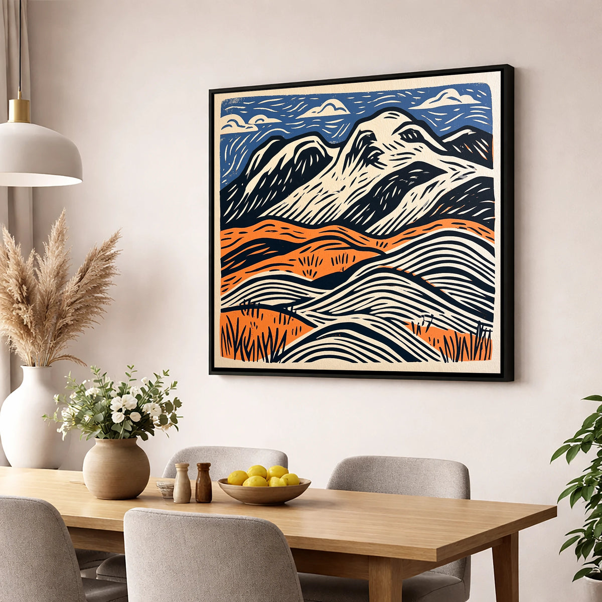 Bowfell Over Orange Fells lake district fell wall art displayed in a dining room