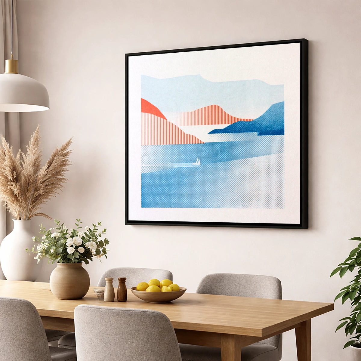 Graphic Sailboat on Lake Windermere lake district lake wall art displayed in a dining room