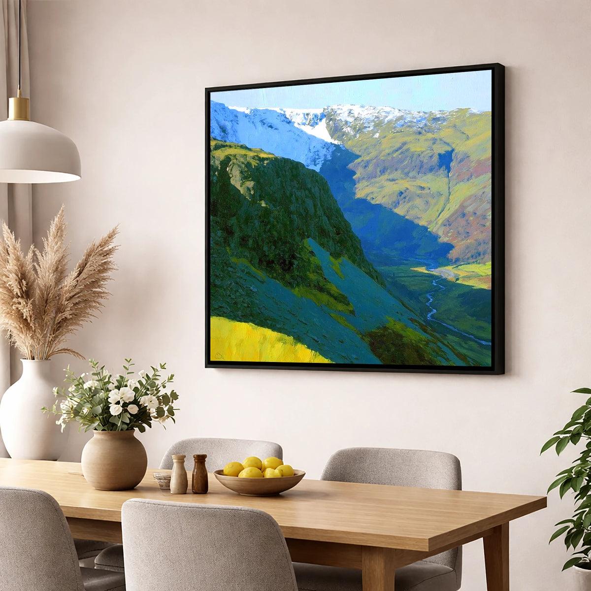 Vibrant Tarn Crag in Snow lake district fell wall art displayed in a dining room