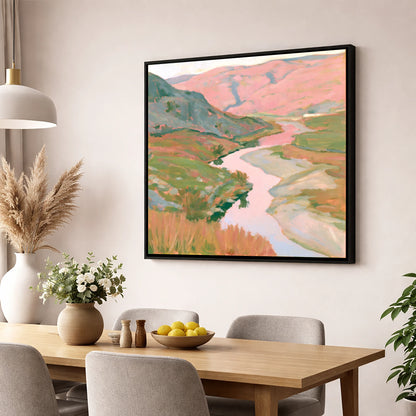 Pastel Light Over Valley River lake district waterfall wall art displayed in a dining room