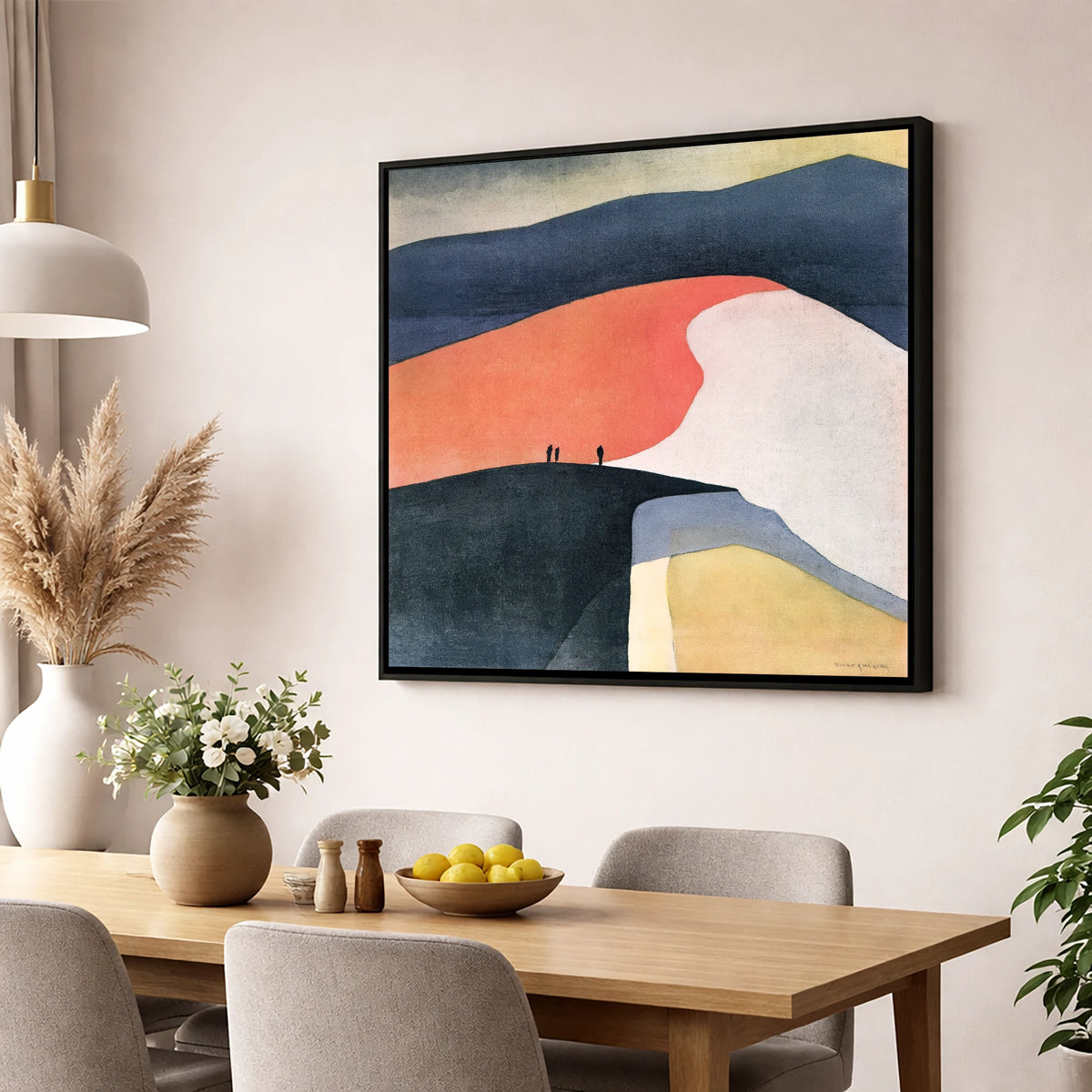 Terracotta Fell Top with Hikers lake district fell wall art displayed in a dining room