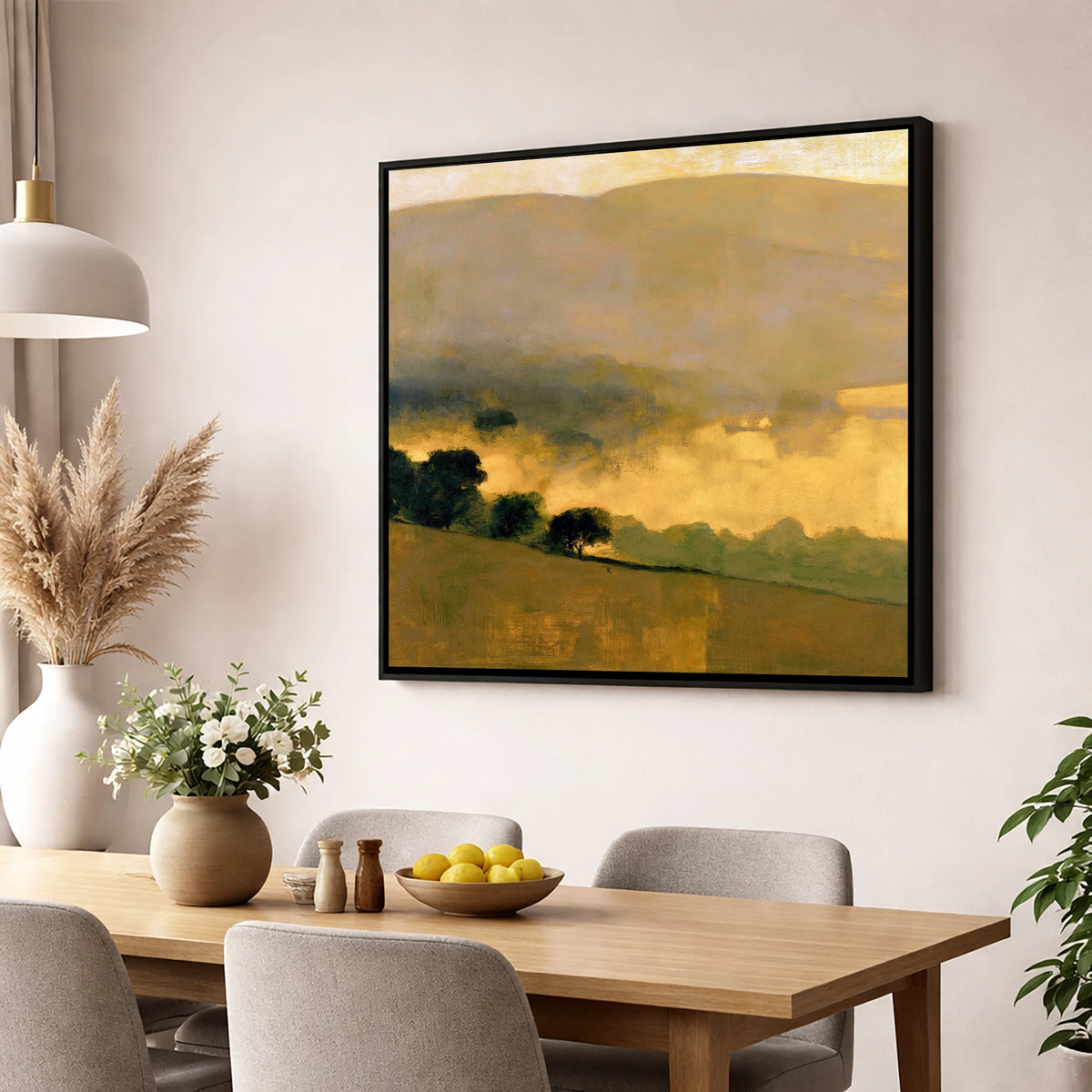 Golden Valley Mist at Dawn lake district sky wall art displayed in a dining room