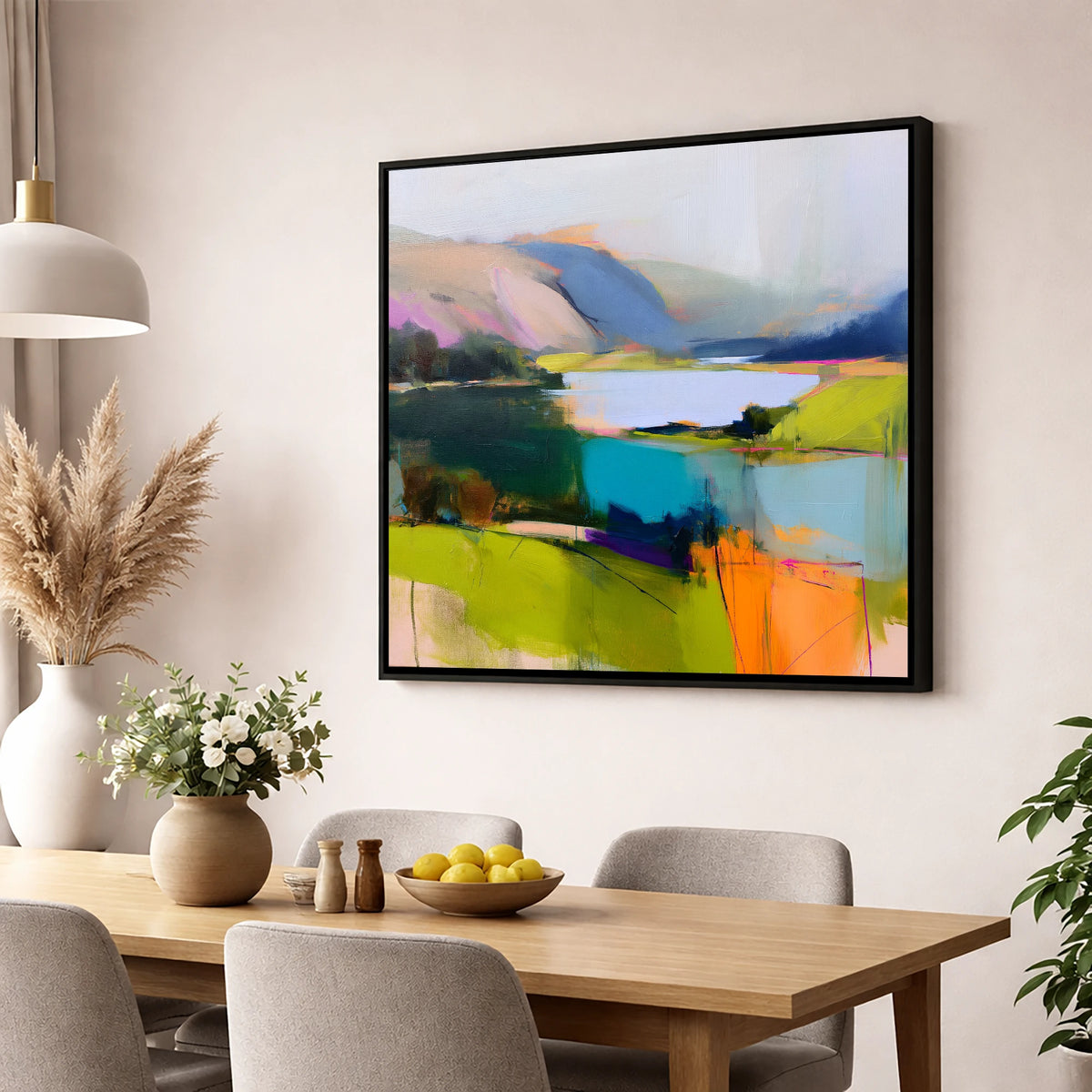 Teal Lake with Magenta Fells lake district lake wall art displayed in a dining room