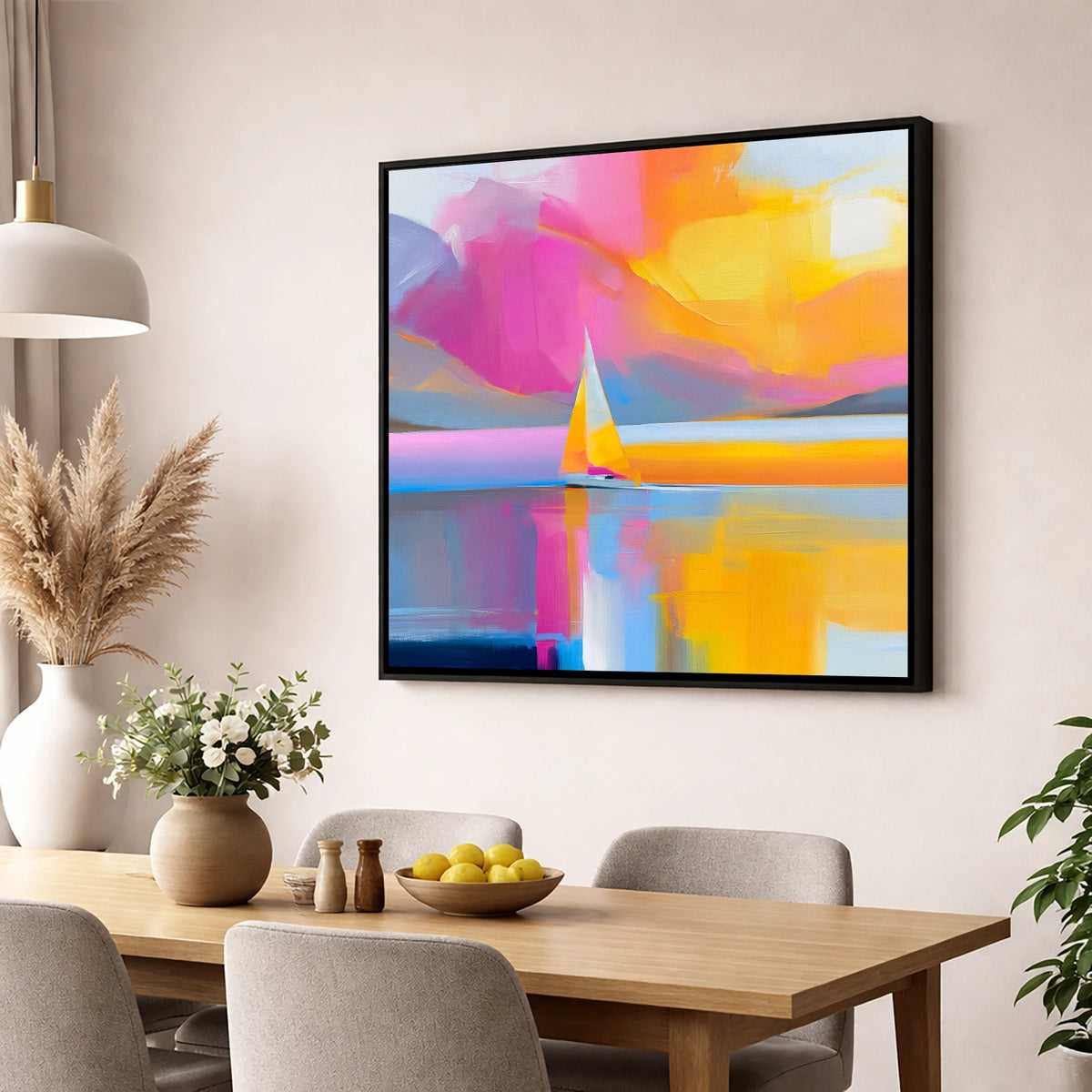 Vibrant Sailboat on the Lake lake district walking wall art displayed in a dining room