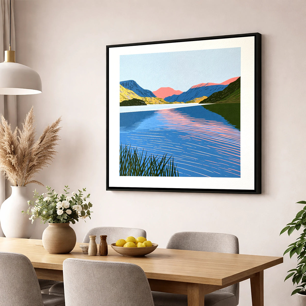 Coral Dawn over Still Lake lake district lake wall art displayed in a dining room