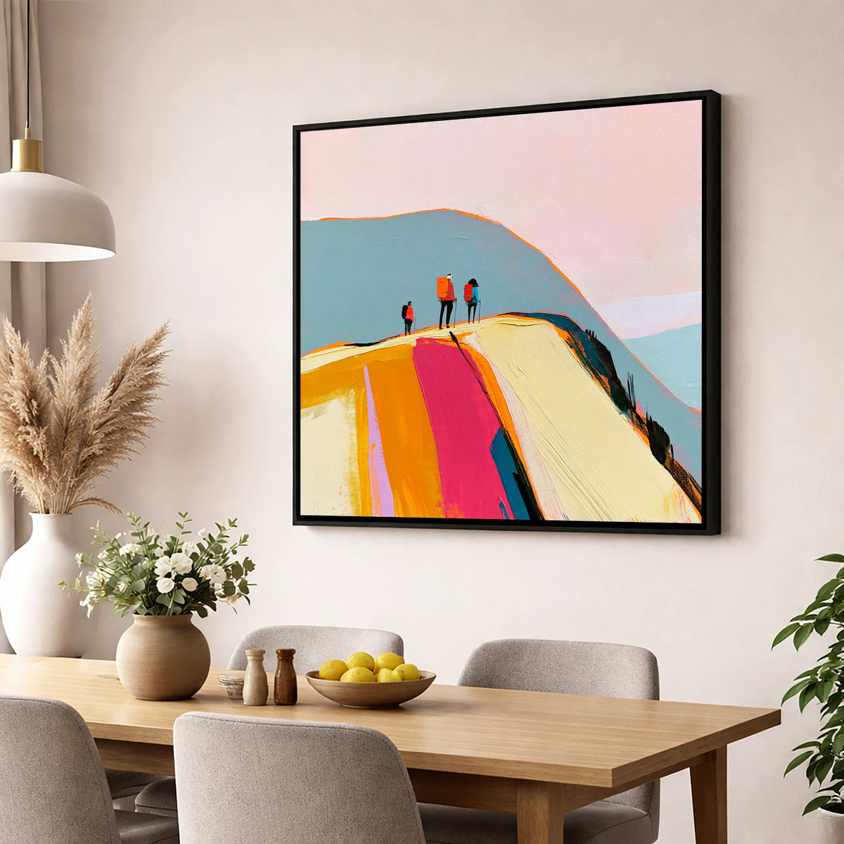 Vibrant Fell Top With Hikers lake district fell wall art displayed in a dining room