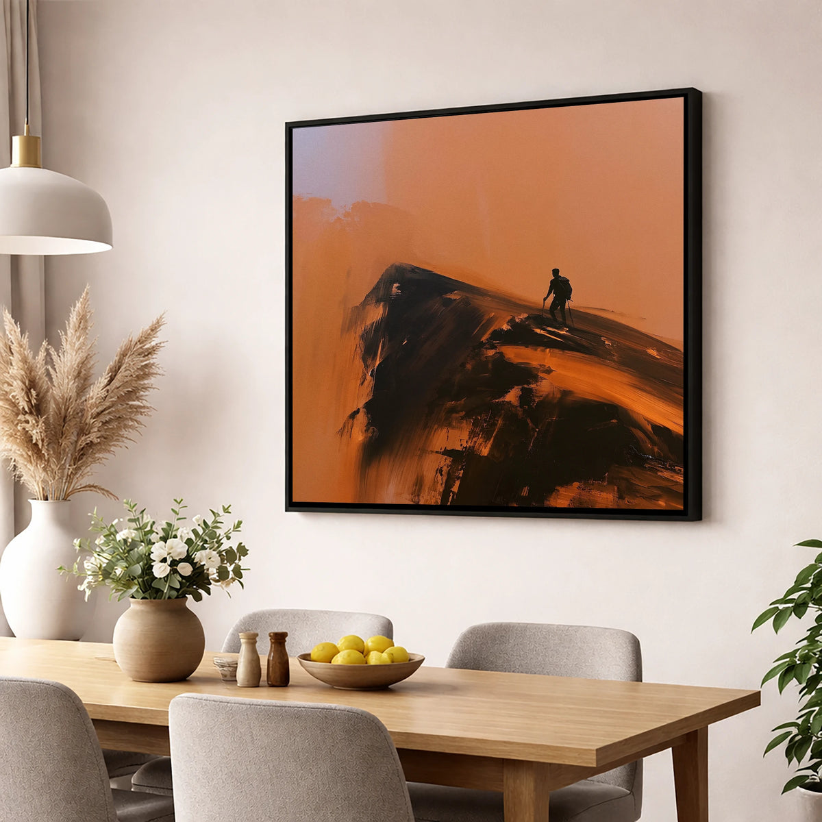 Striding Edge Silhouette in Amber lake district walking wall art displayed in a dining room