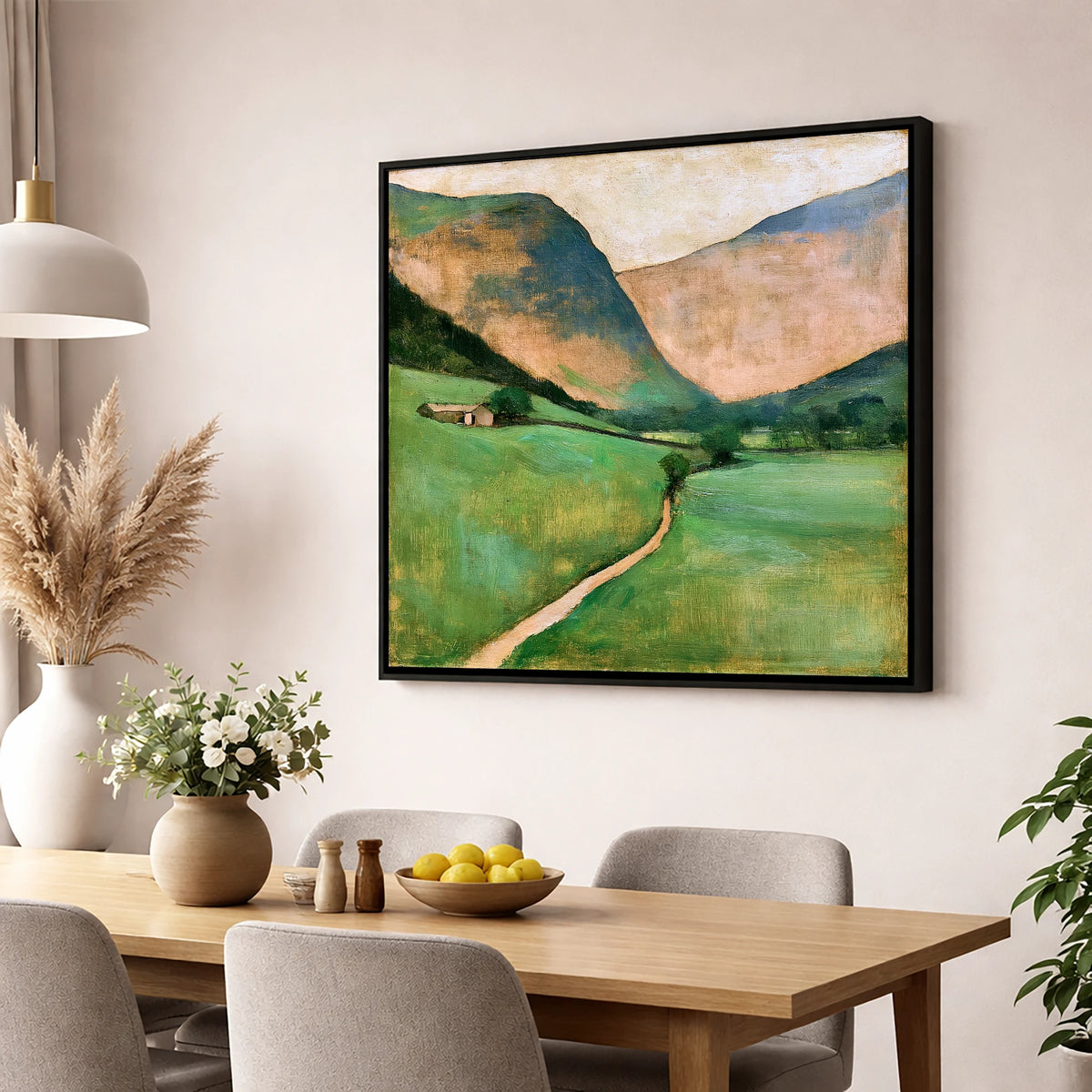 Green Valley Beneath Warm Fells lake district valley wall art displayed in a dining room