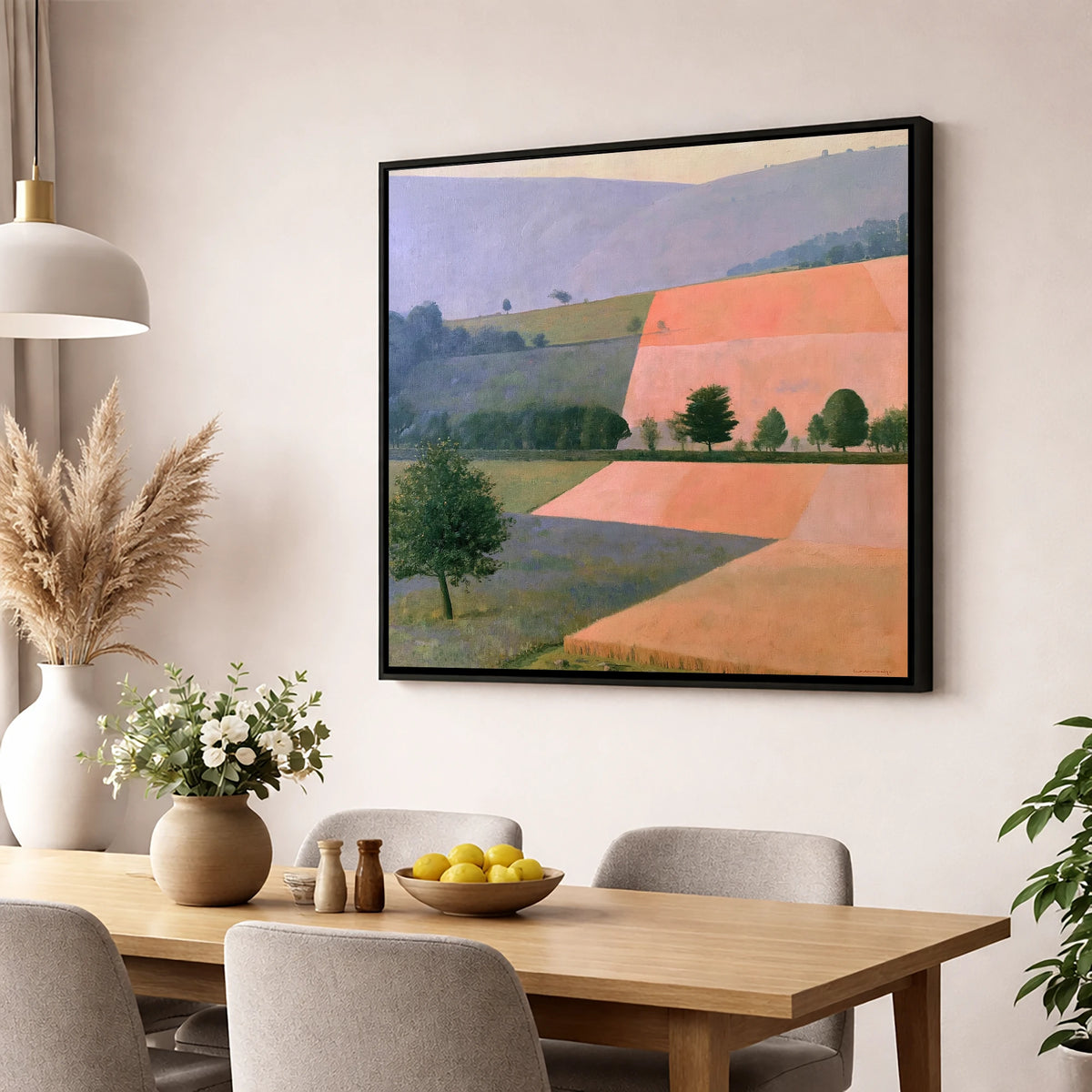 Pastel Patchwork Lakeland Dale Fields lake district valley wall art displayed in a dining room
