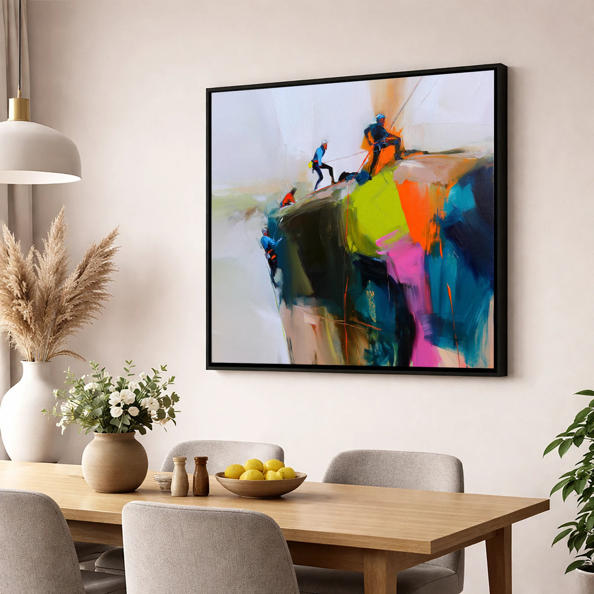 Crag Climbers in Vibrant Colour lake district walking wall art displayed in a dining room