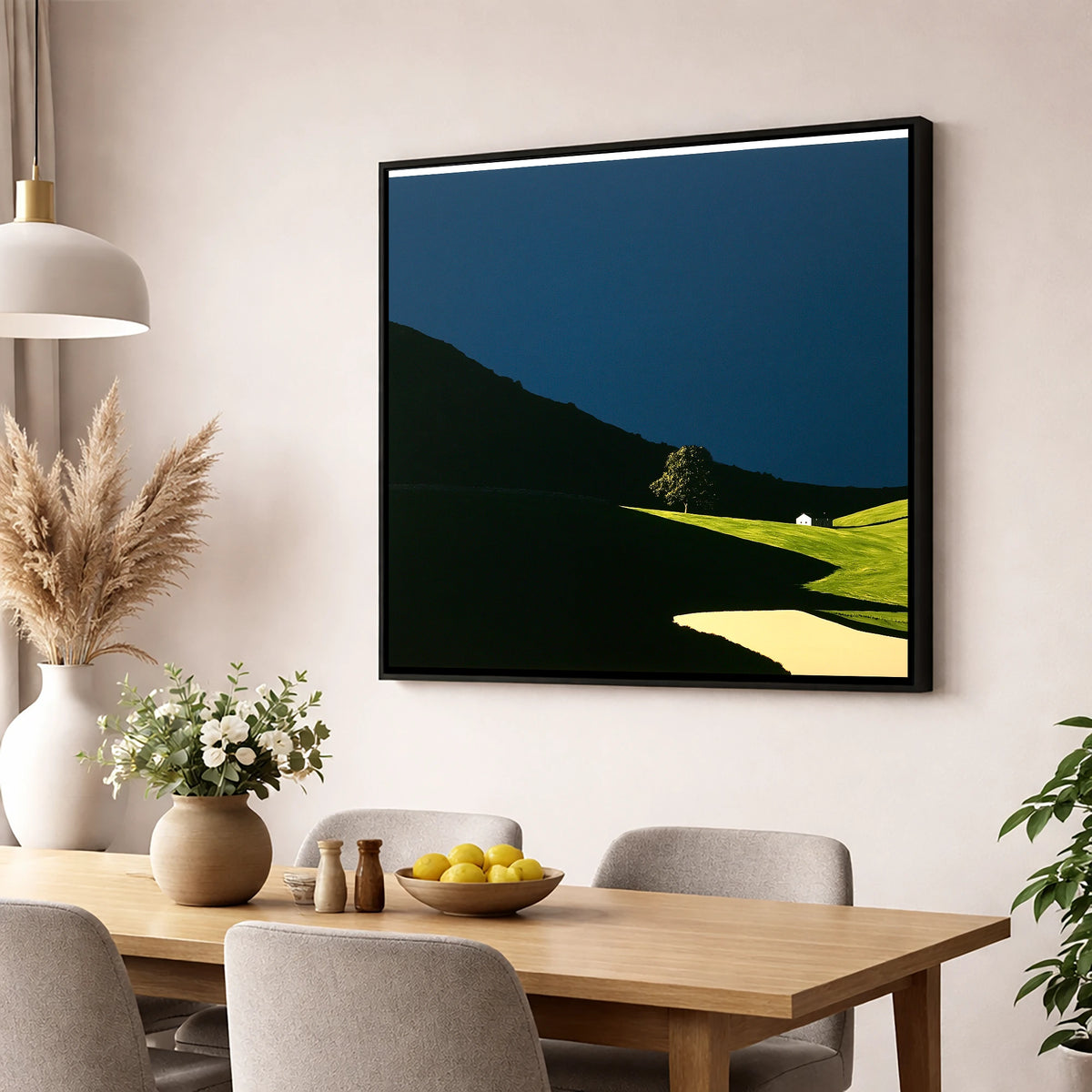 Sunlit Tree and Shadowed Fell lake district sky wall art displayed in a dining room
