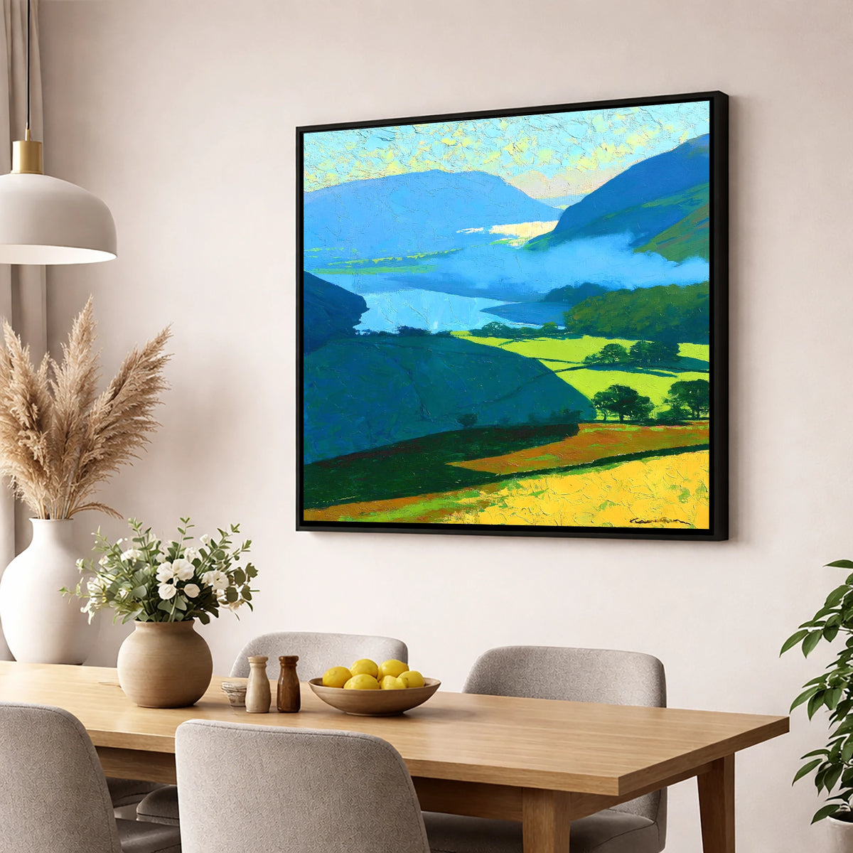 Misty Valley and Sunlit Lakeland Fields lake district sky wall art displayed in a dining room