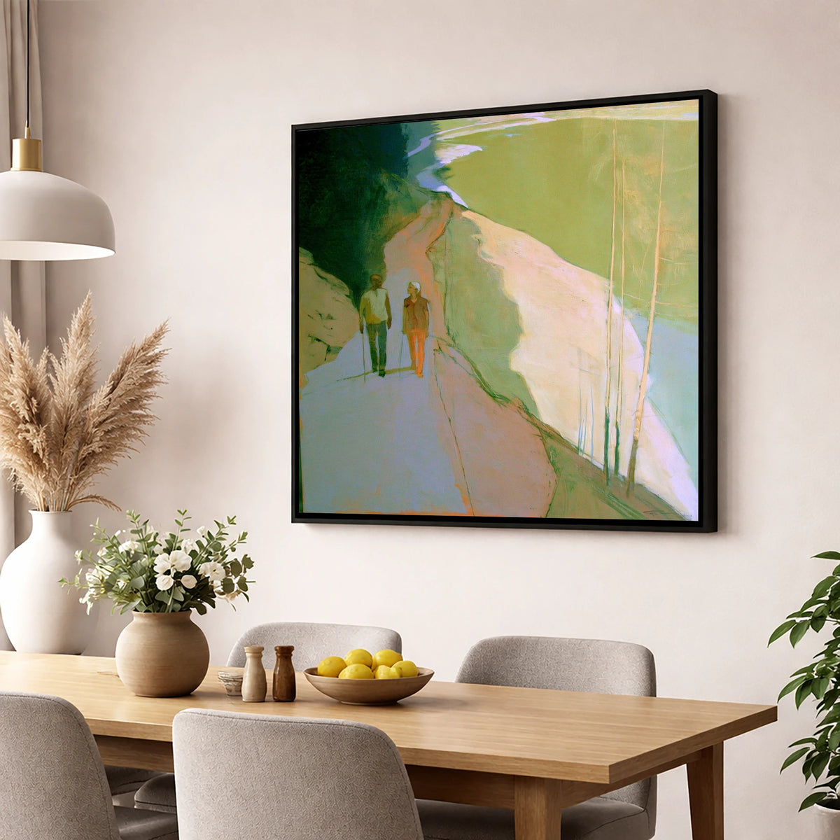 Hikers on Lakeside Mountain Path lake district walking wall art displayed in a dining room