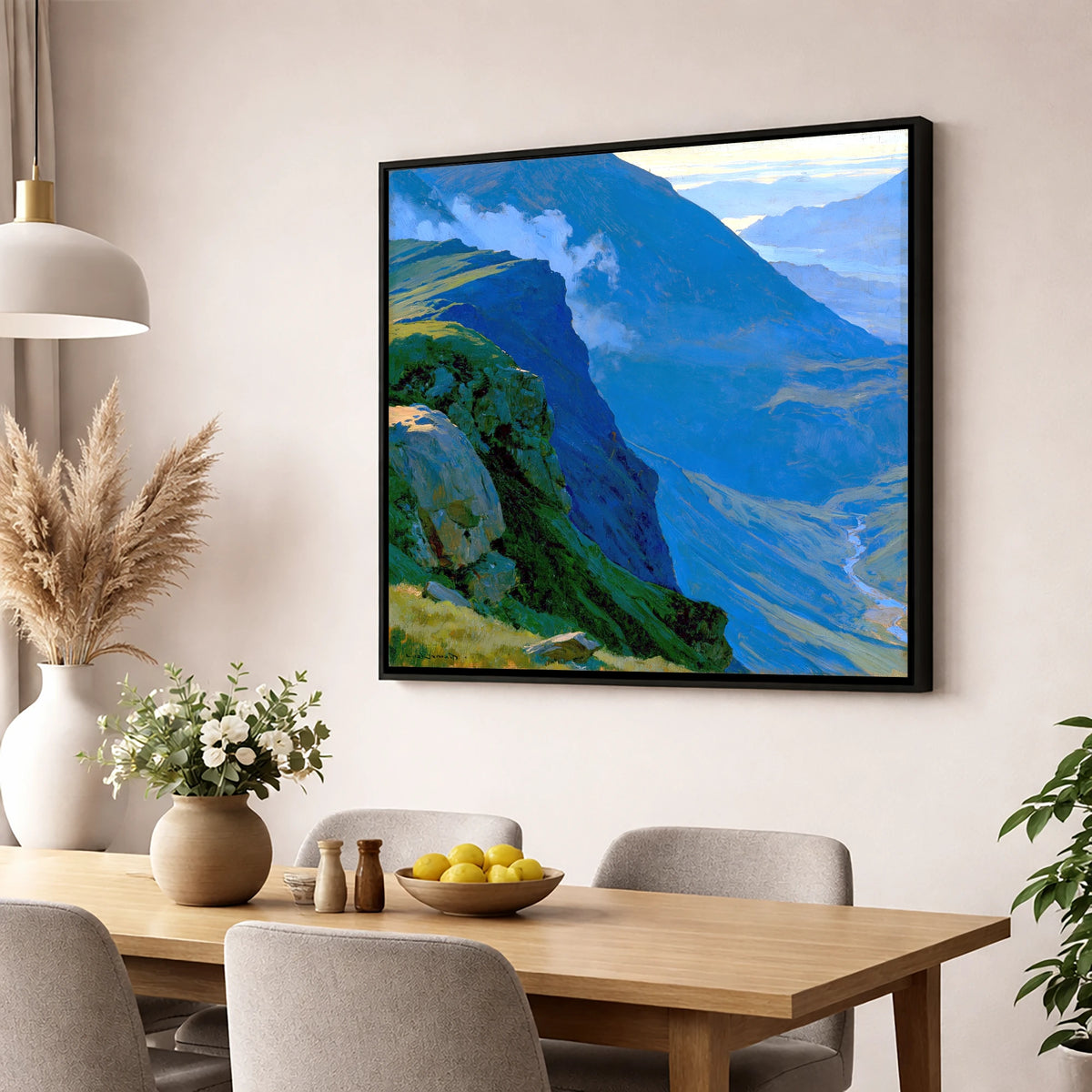Misty Ridge Above Blue Valley lake district fell wall art displayed in a dining room