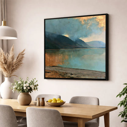 Golden Break Over Crummock Water lake district lake wall art displayed in a dining room