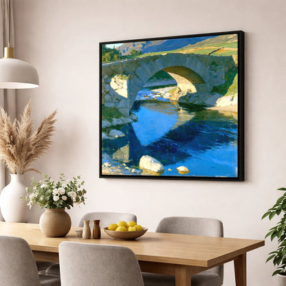 Stone Bridge over Blue Beck lake district waterfall wall art displayed in a dining room