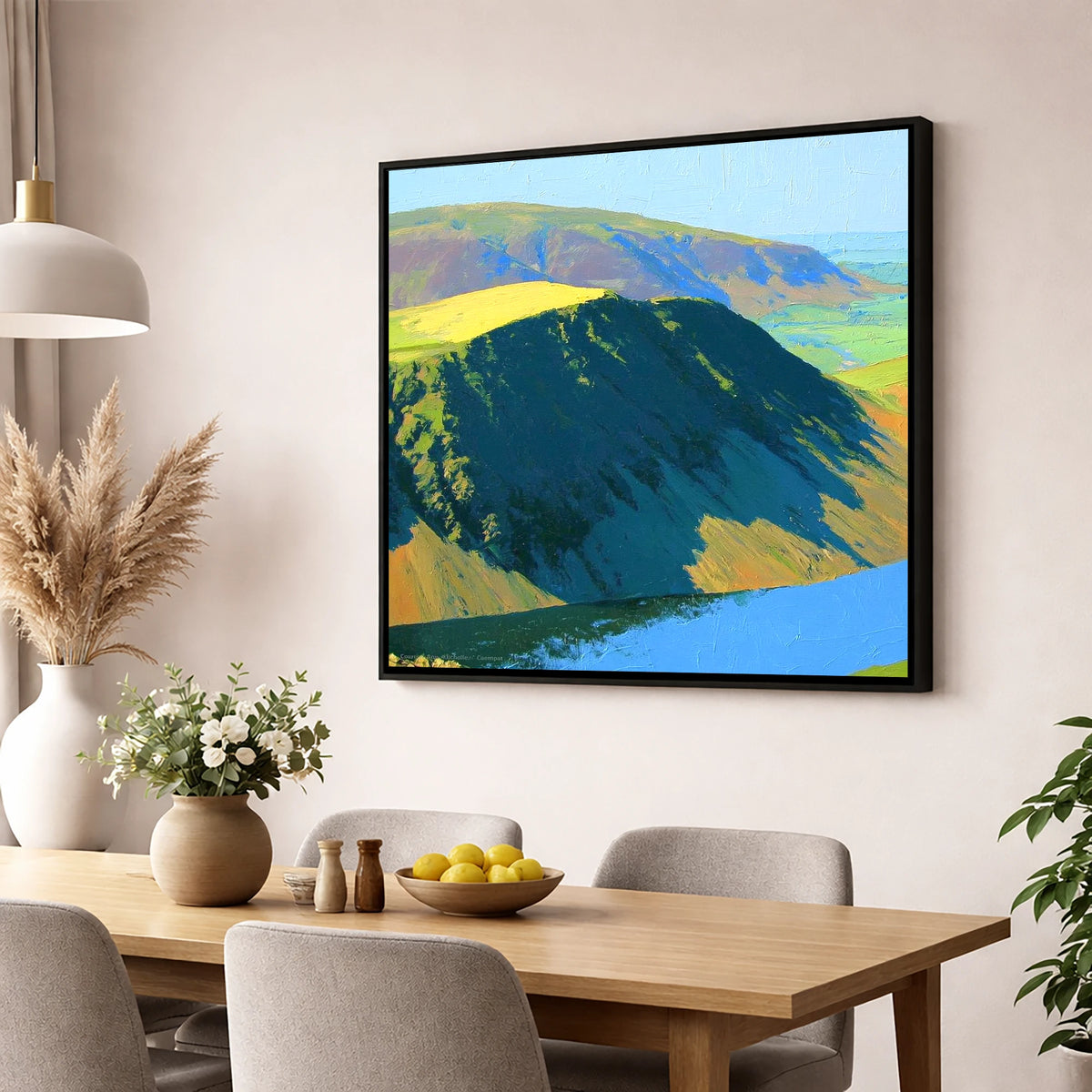 Vibrant Mellbreak Ridge and Lake lake district fell wall art displayed in a dining room