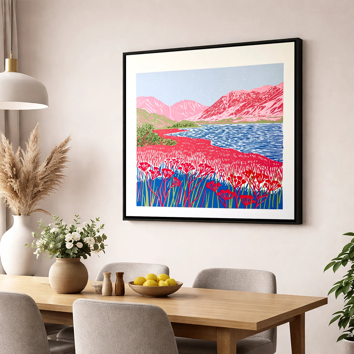 Vibrant Pink Fells at Ennerdale lake district valley wall art displayed in a dining room