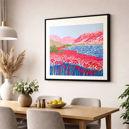 Vibrant Pink Fells at Ennerdale lake district valley wall art displayed in a dining room