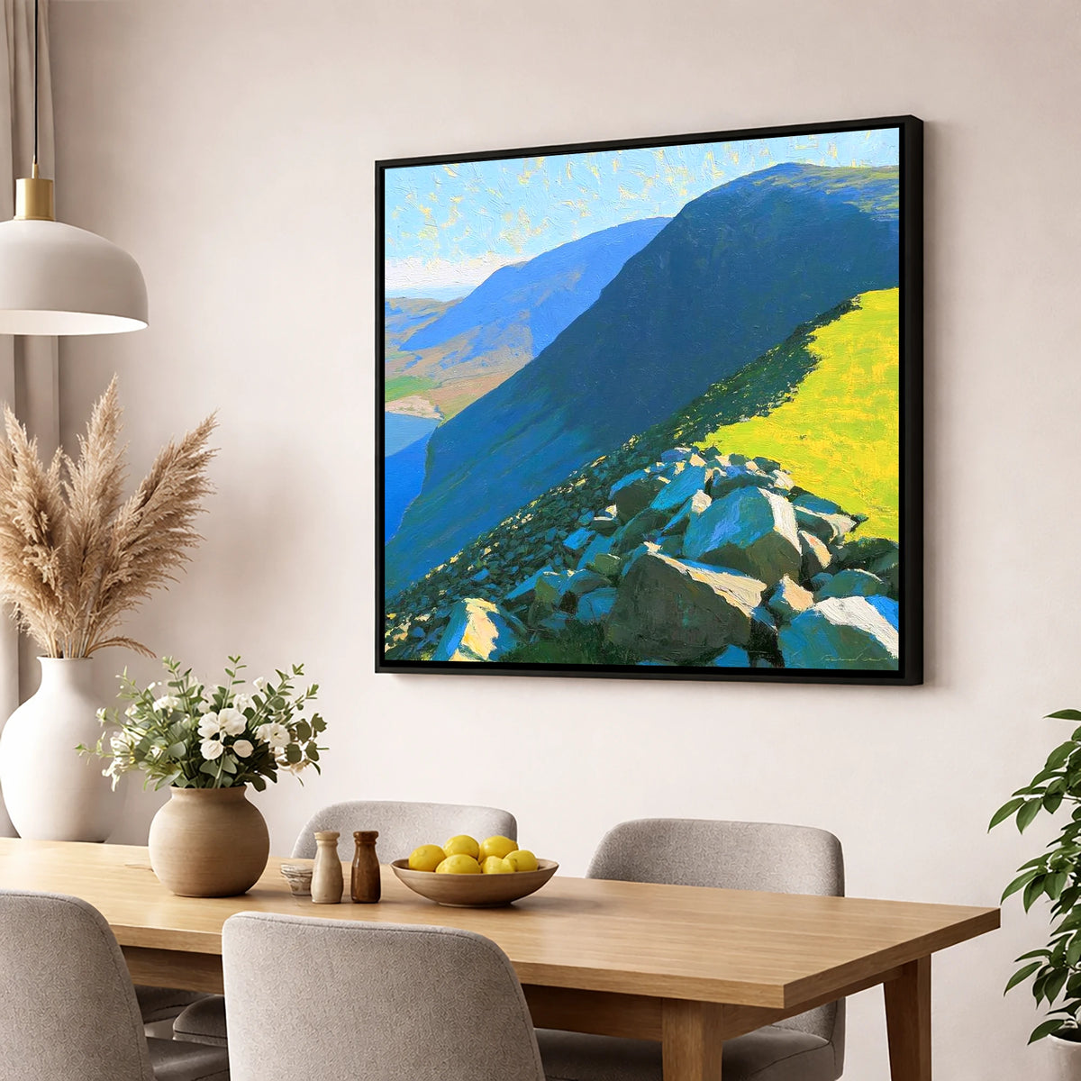Middle Fell Ridge and Sunlit Boulders lake district fell wall art displayed in a dining room