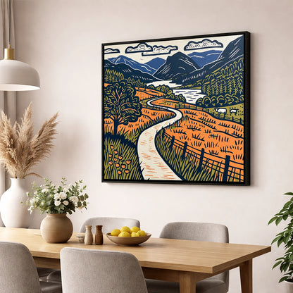 Terracotta Borrowdale Valley Path lake district valley wall art displayed in a dining room