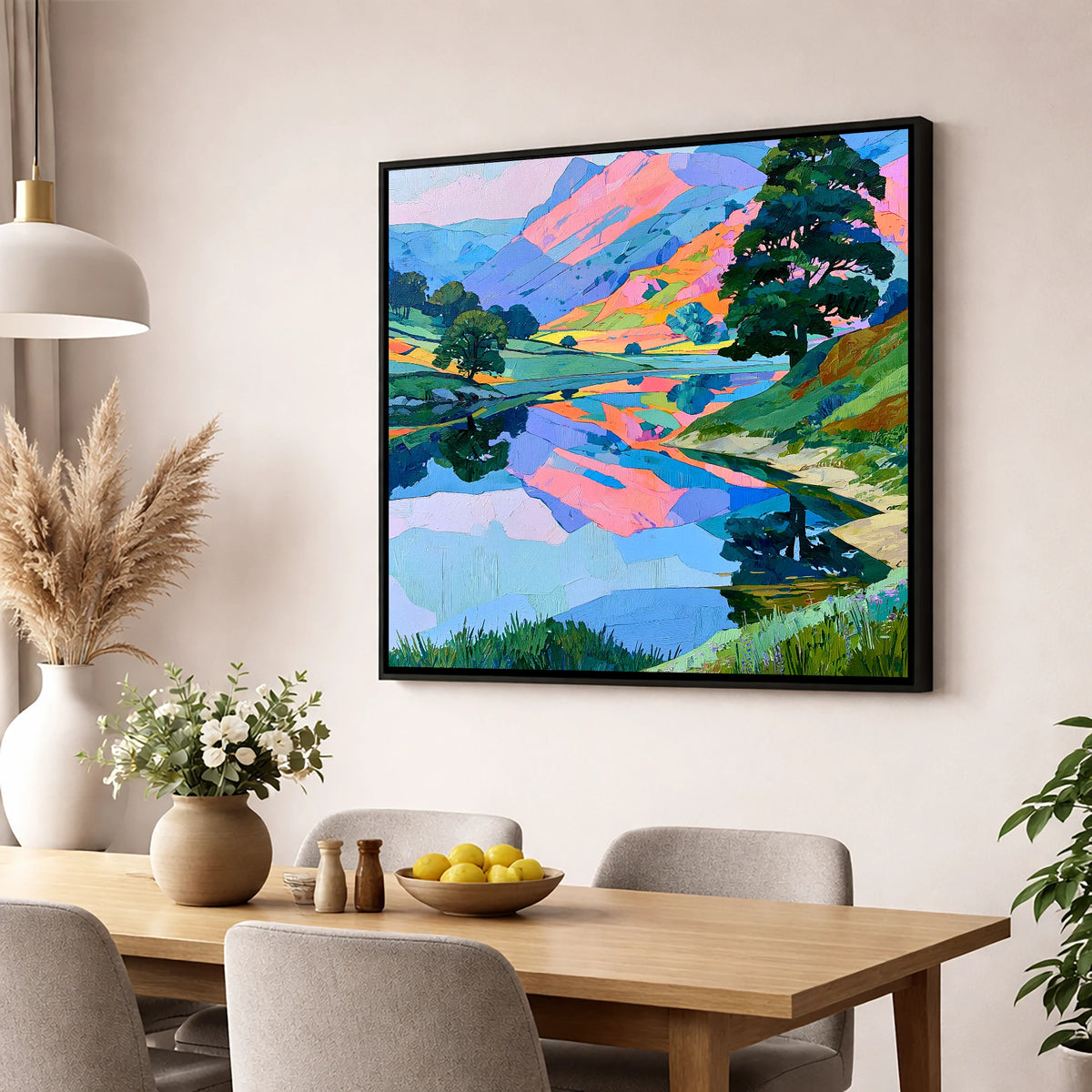 Pastel Fells and Calm Lake Reflections lake district lake wall art displayed in a dining room