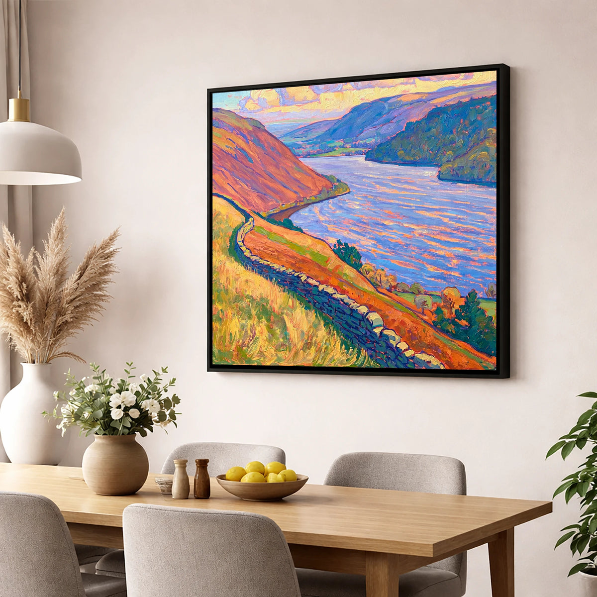 Vivid Ullswater Above Pooley Bridge lake district village wall art displayed in a dining room