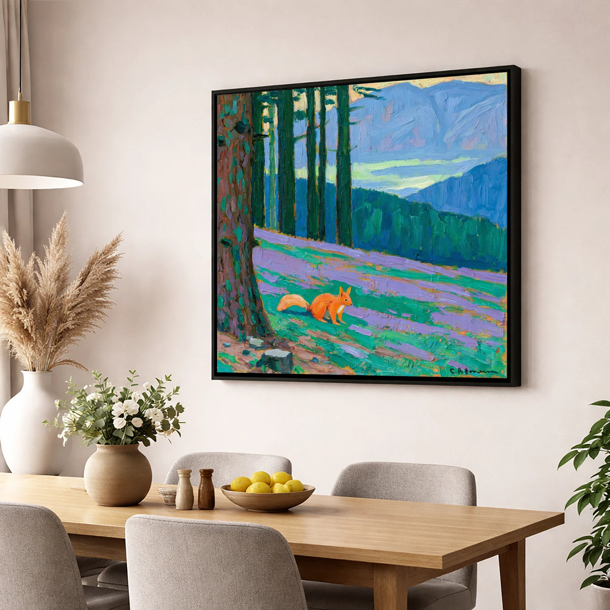 Red Squirrel Beneath Blue Fells lake district wildlife wall art displayed in a dining room