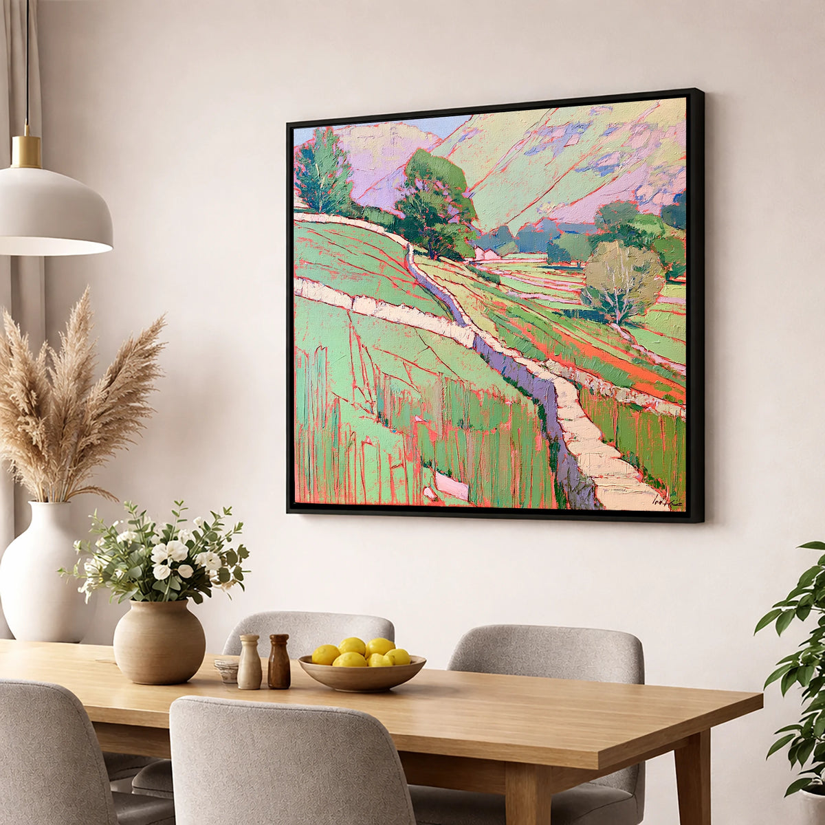 Vivid Drystone Wall Through Valley lake district valley wall art displayed in a dining room