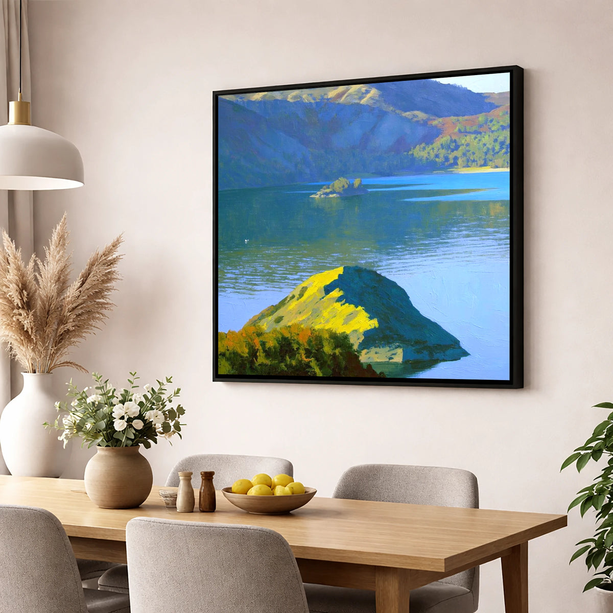 Sunlit Glenridding Dodd Crags lake district fell wall art displayed in a dining room
