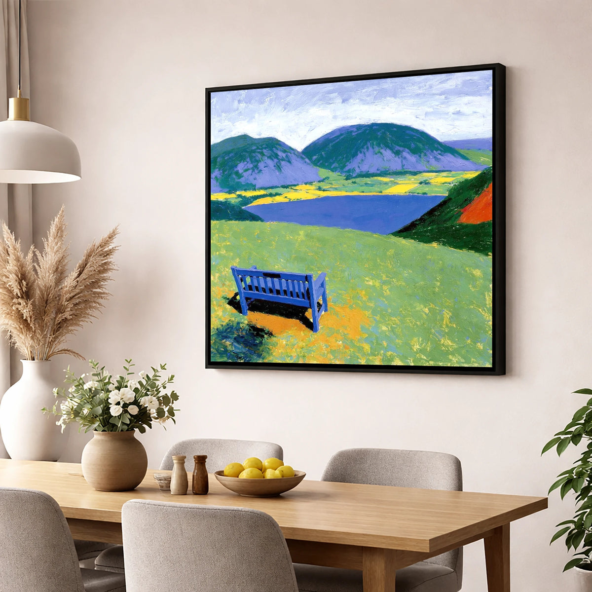 Blue Bench Above Loweswater lake district lake wall art displayed in a dining room