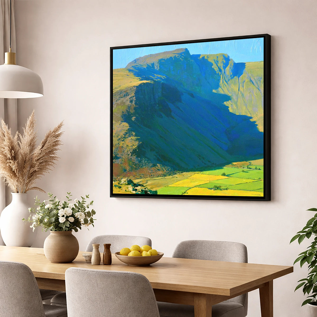 Scafell Pike Above Vibrant Fields lake district fell wall art displayed in a dining room