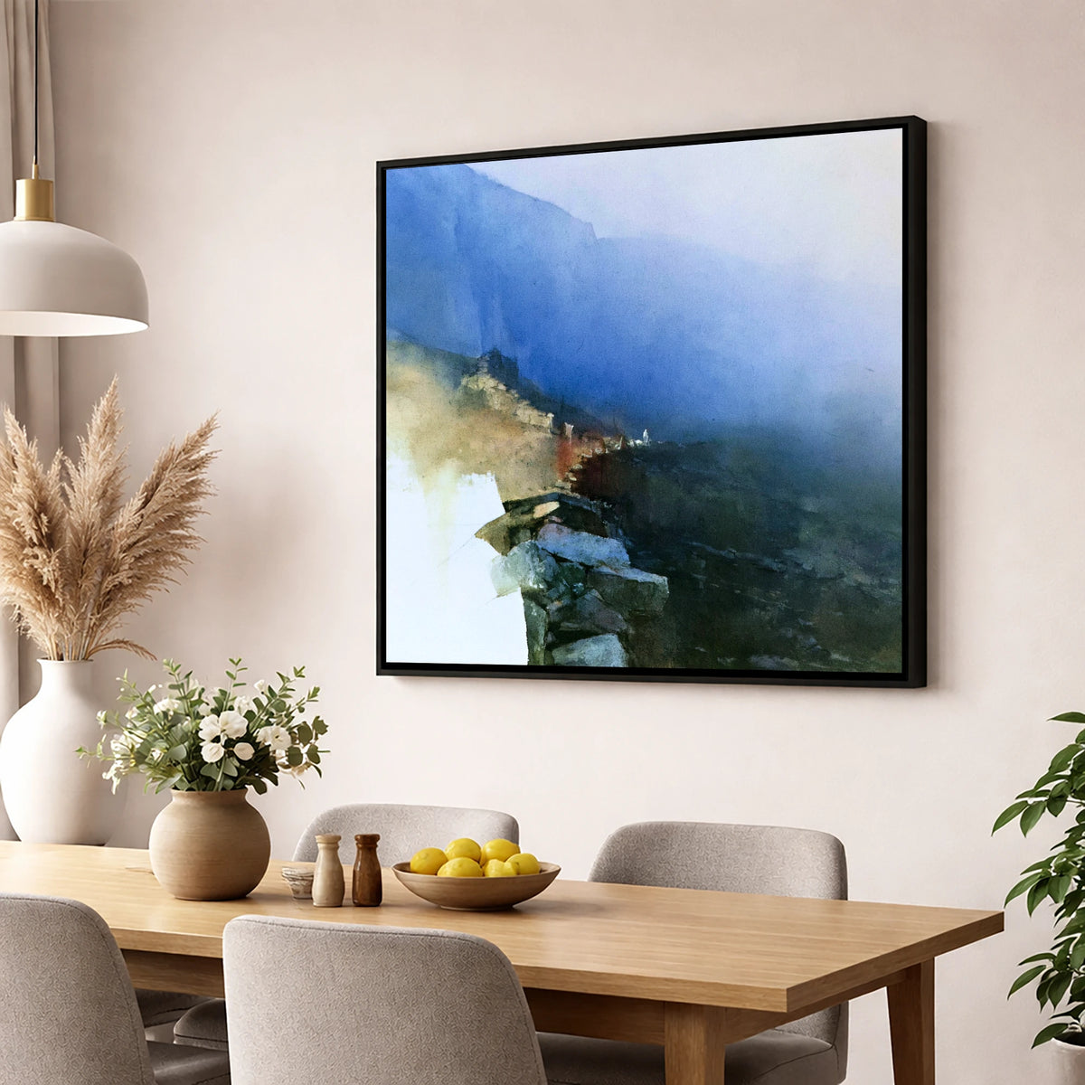 Valley Wall in Indigo Mist lake district valley wall art displayed in a dining room