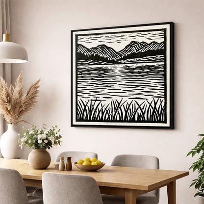 Calm Lake Reflections in Monochrome lake district lake wall art displayed in a dining room