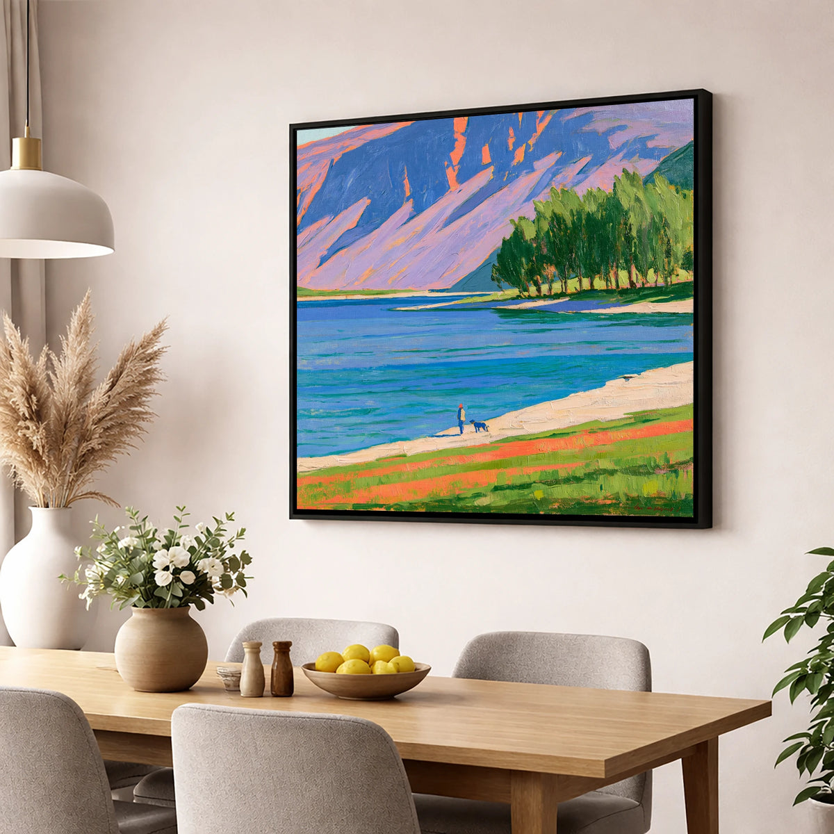 Dog Walker at Vibrant Buttermere gifts for dog walkers wall art displayed in a dining room
