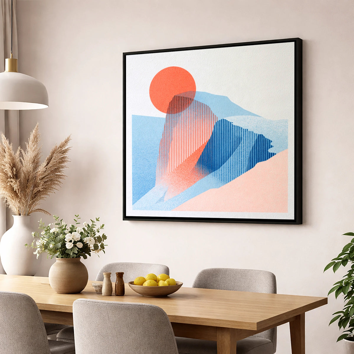 Great Gable in Coral and Blue lake district fell wall art displayed in a dining room