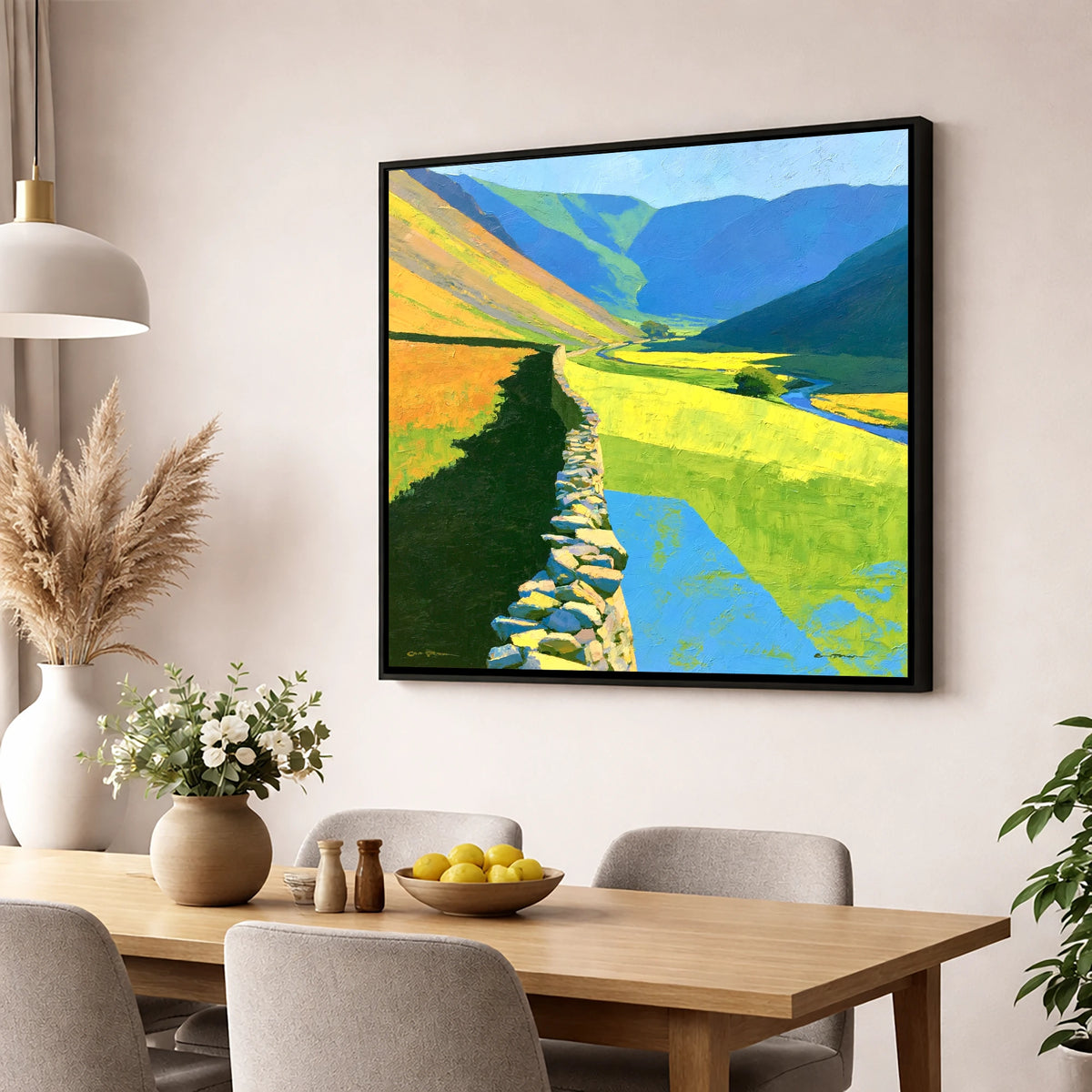 Drystone Wall Through Vibrant Valley lake district valley wall art displayed in a dining room