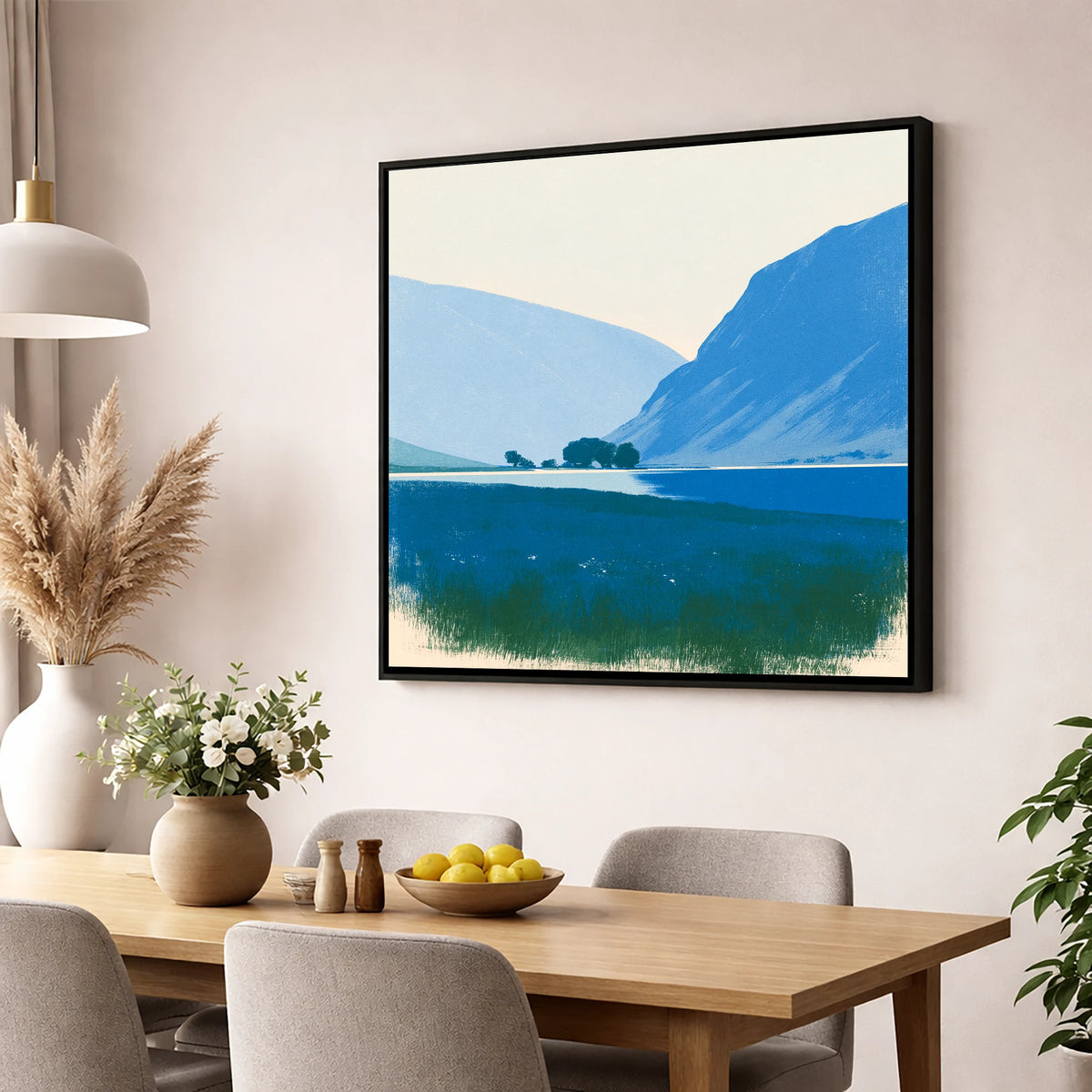 Blue Fells and Still Lake lake district lake wall art displayed in a dining room