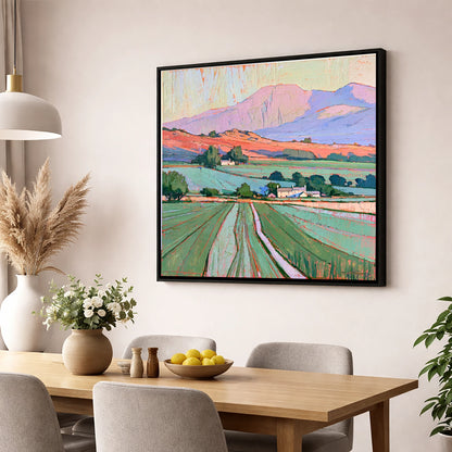 Golden Evening Fells and Farmland lake district sky wall art displayed in a dining room