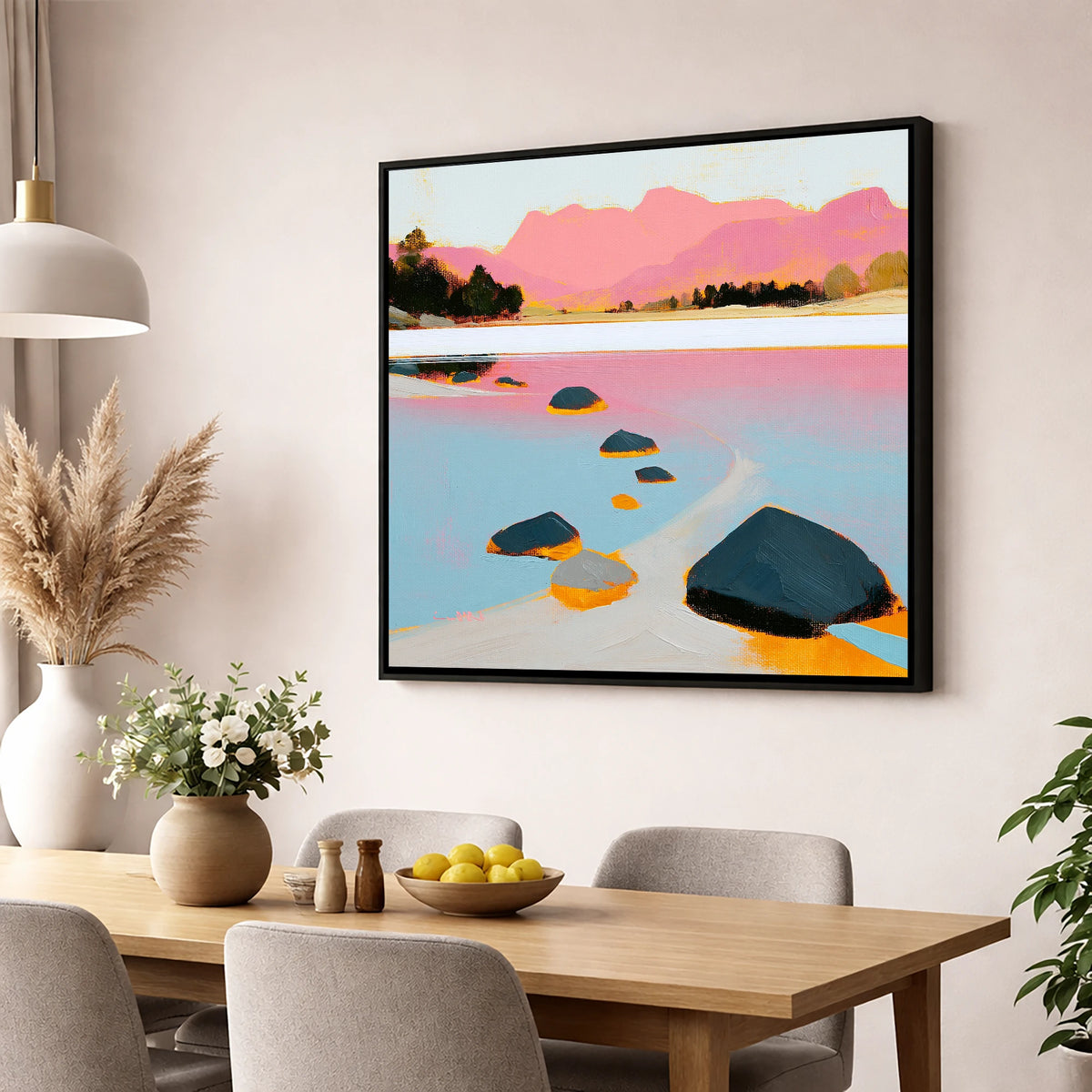 Elterwater Rocks and Pink Fells lake district lake wall art displayed in a dining room