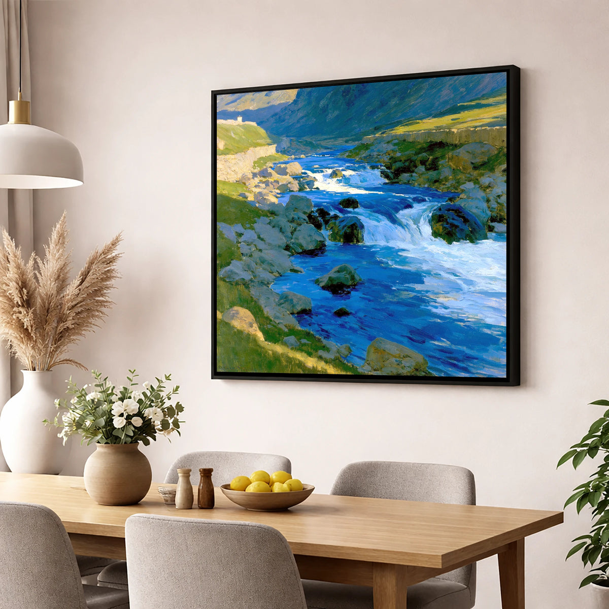 Vibrant Blue Fellside Beck lake district waterfall wall art displayed in a dining room