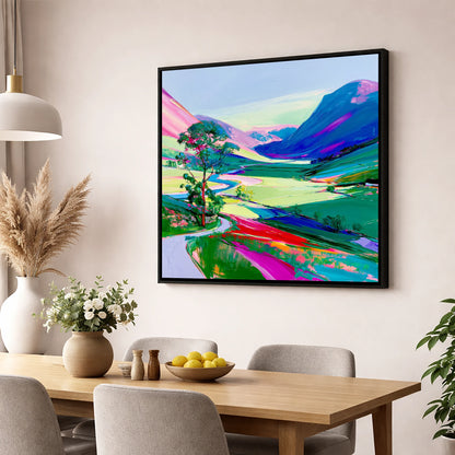 Vibrant Valley Road Beneath Pink Fells lake district valley wall art displayed in a dining room