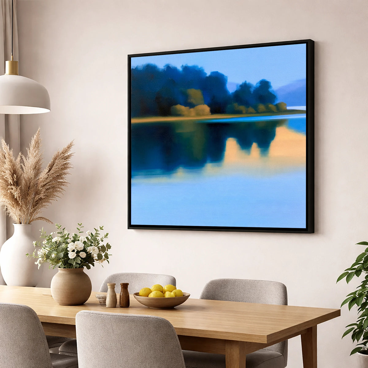 Deep Blue Lake Reflections lake district lake wall art displayed in a dining room
