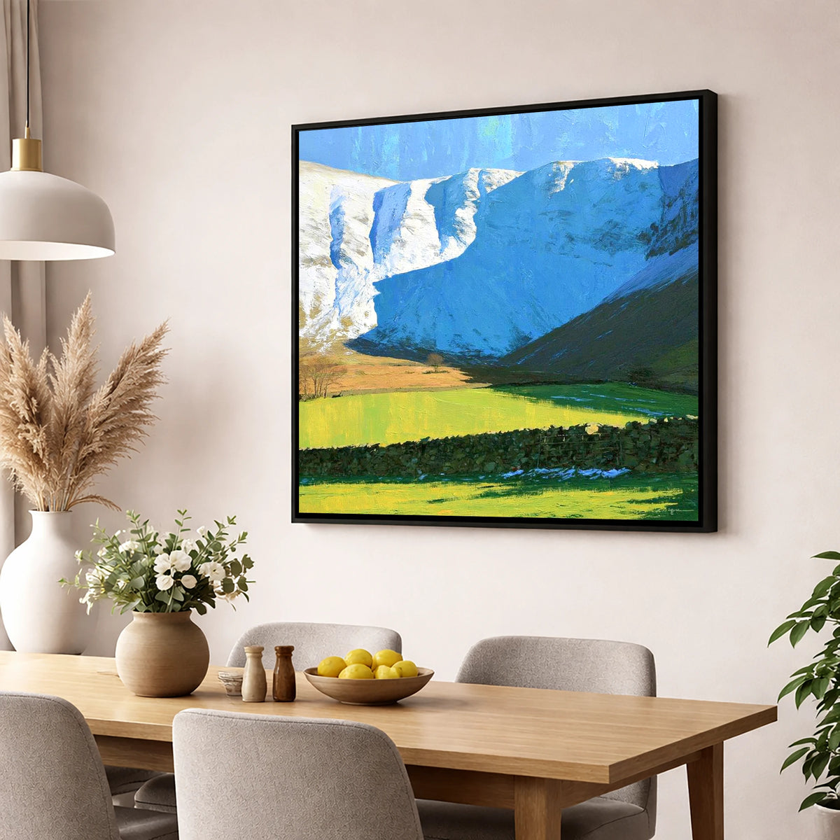 Bannerdale Crags Winter Sunlight lake district fell wall art displayed in a dining room