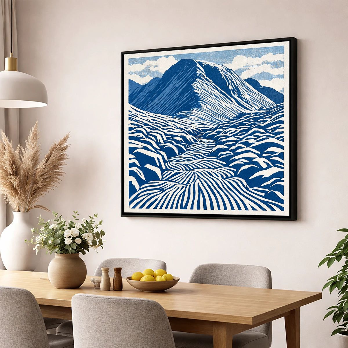 Bold Blue Great Gable lake district fell wall art displayed in a dining room