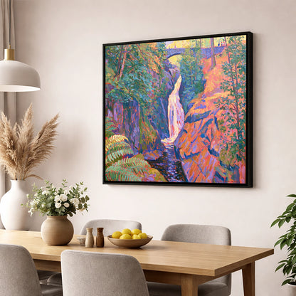 Vibrant Aira Force Waterfall lake district waterfall wall art displayed in a dining room