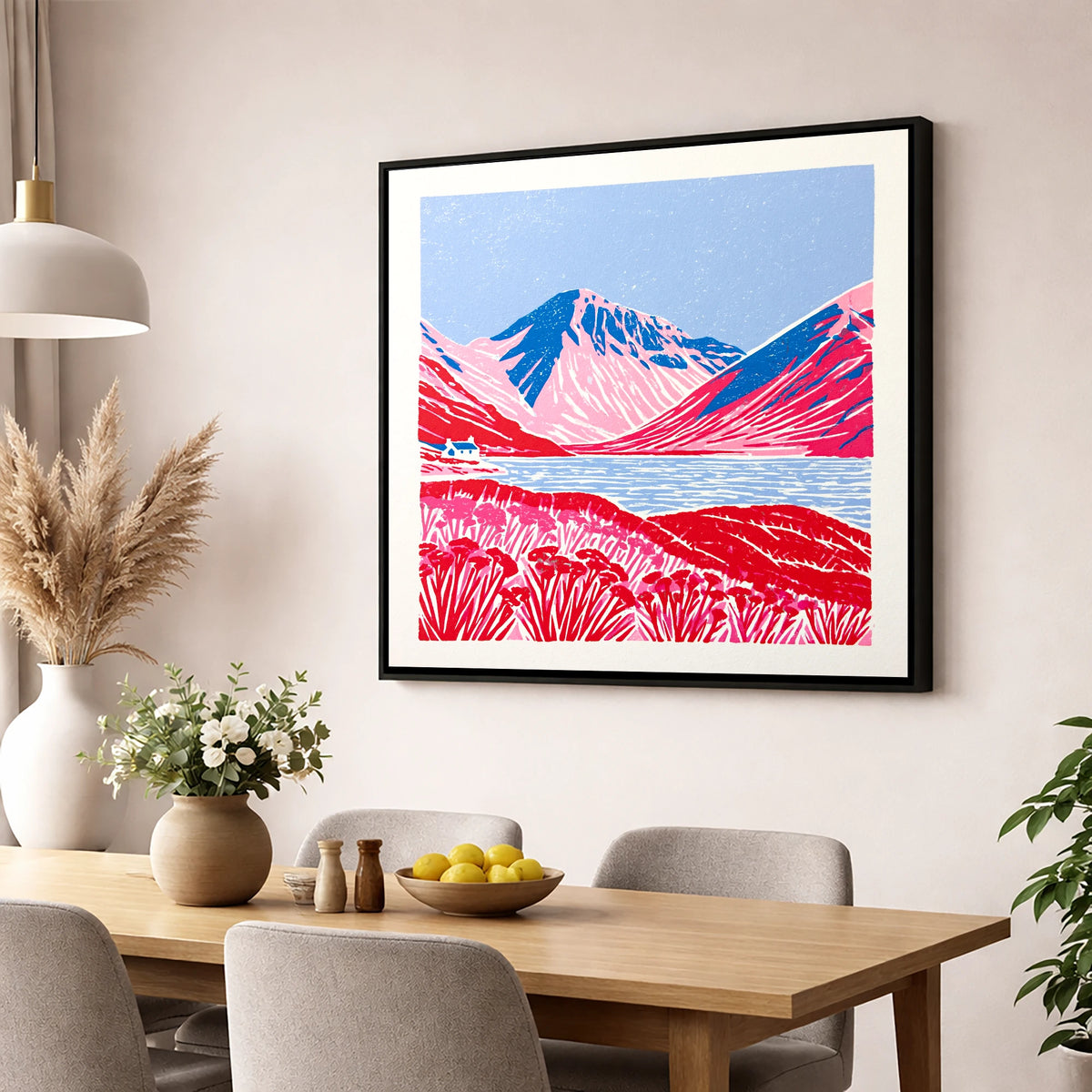 Vibrant Red Wasdale Fells lake district valley wall art displayed in a dining room