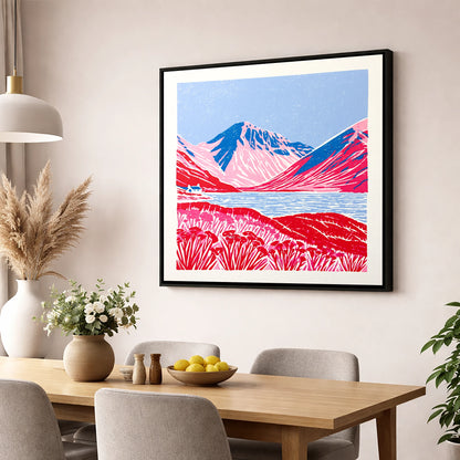 Vibrant Red Wasdale Fells lake district valley wall art displayed in a dining room
