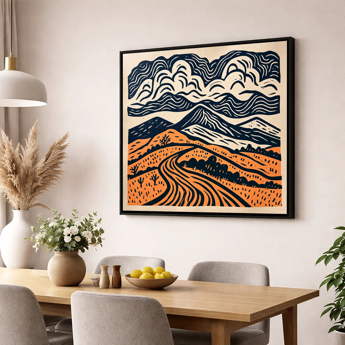 Rhythmic Terracotta Fells Under Cloud lake district fell wall art displayed in a dining room
