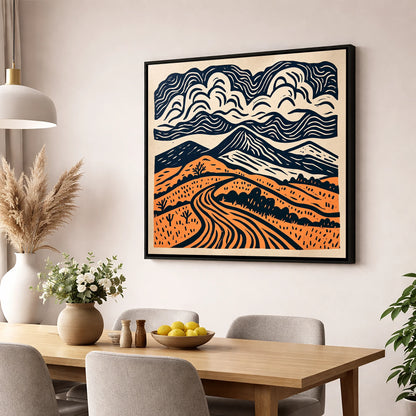Rhythmic Terracotta Fells Under Cloud lake district fell wall art displayed in a dining room